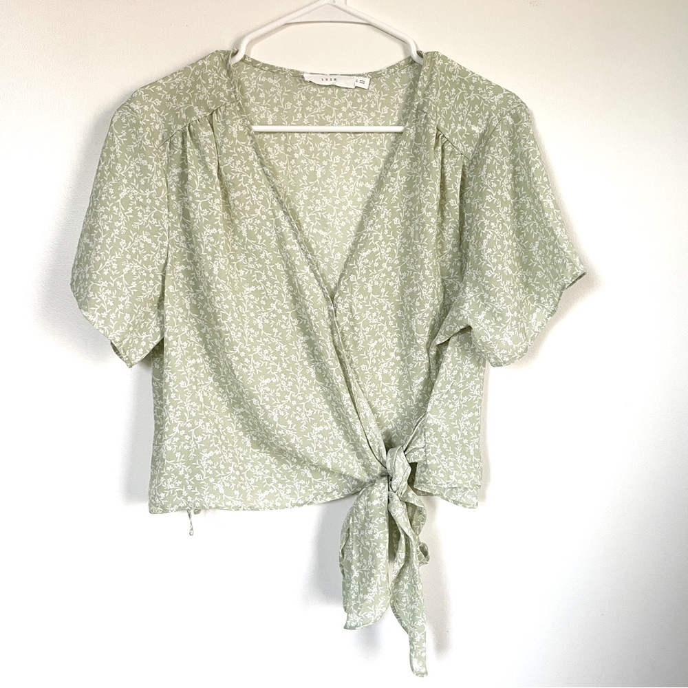 Lush light green and white tie blouse
